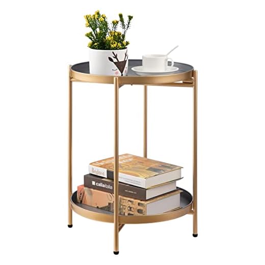 HollyHOME Round Side Table Living Room Small Metal Coffee Table for Balcony Patio 2 Tier Tray End Table Nightstand for Bedroom, Grey & Gold