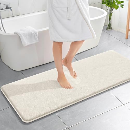 Image of OLANLY Thick Memory Foam Bathroom Runner Rugs 59x20, Extra Soft Absorbent Long Bath Rug, Quick Dry Bath Mats, Non-Slip, Machine Washable Mat for Bathroom, Tub and Shower, Home Decor Accessories, Ivory