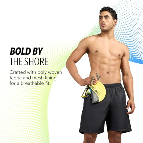 Image of Boldfit Swimming Shorts for Men Stretchable Fit Swimming Trunks, Adjustable Quick-Drying Swim Shorts, Breathable Swimwear - Black(L)