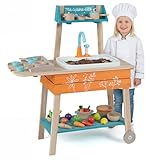 FANTASK Holz Matschküche Outdoor, Gartenspielküche mit Wasserpumpe & Grillrost, Kinderküche mit Spülbecken, Outdoorküche für Kinder ab 3 Jahren