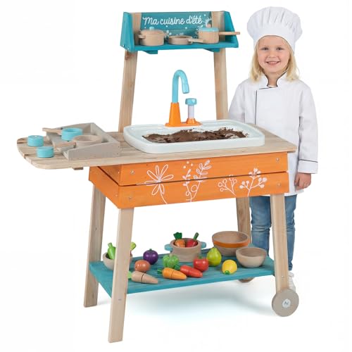 COSTWAY Cuisine Extérieure Enfant avec Grille de Barbecue, Système de Circulation d'eau, Cuisine de Boue en Bois avec Évier et Étagère, Boutons Rotatifs, Jeu d'Imitation Boueuse pour 3 Ans+