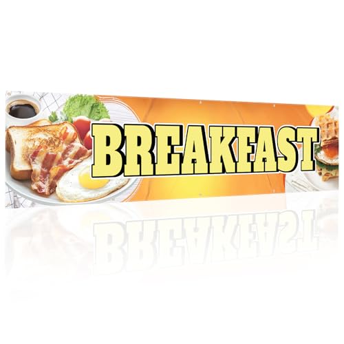 Tegeme Breakfast Banners Sign 2 x 10 Feet Breakfast Flag Decoration Oxford Fabric Banners with 10 Holes for Business Store Outside