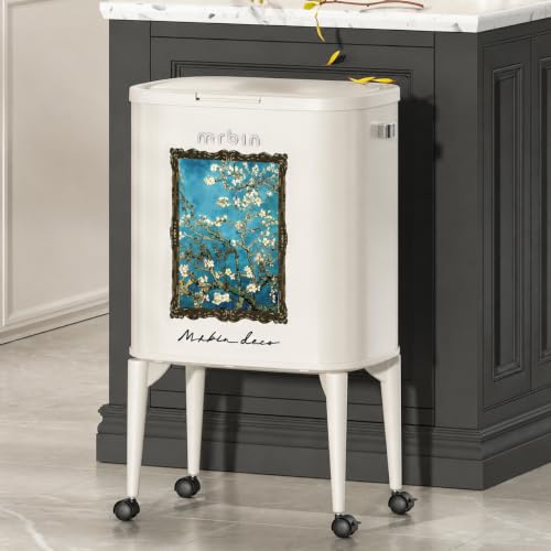 Image of MRBIN Metal Kitchen Trash Can with Wheel Legs, 36L / 9.5gal Medium Press Lid Slim Removable Waste Basket, Pet Proof Tall Narrow Garbage Pail for Vanity, Bedroom, Bathroom, Living Room, Almond Blossom