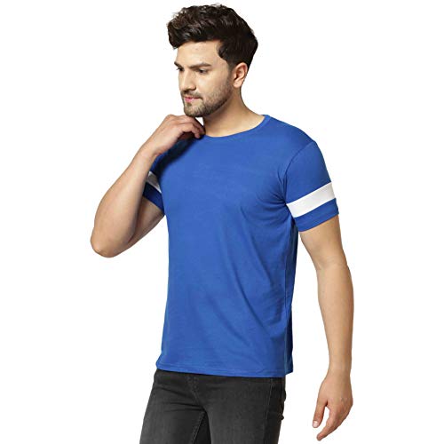 Image of London Hills Men's Half Sleeve 100% Pure Cotton Casual Round Neck with Stripe on Arm, Regular Fit Non-Shrinkable Multicolor T-Shirts