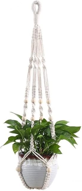 Macrame Plant Hanger no Tassels Indoor Outdoor 90cm Sturdy Flower Pot Holder with Decorative Beads Hand-made Boho Design Planter Basket for Wall Ceiling Patio Includes Hanging Hook Ezylivin