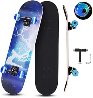 Standard Skateboard,31" x 8" Pro Complete Skateboard,9-Layer Canadian Maple Deck Skateboard with Colorful Flashing Wheels for Beginner,Adult,Youth,Kids Balance Development