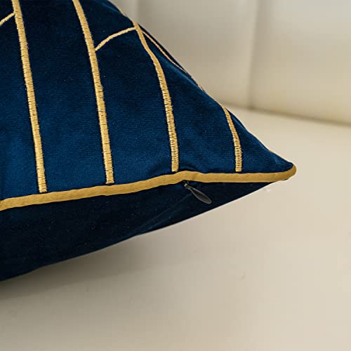 Aeckself 20 X 20 Inch Luxury Navy Blue Gold Plaid Geometric Lines Embroidery Velvet Cushion Case Luxury Modern Square Throw Pillow Cover Decorative Pillow For Couch Living Room Bedroom Car 50 X 50Cm #TOP5