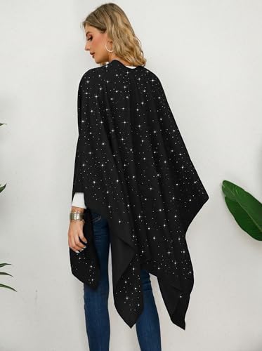 Image of Womens Rhinestones Open Front Poncho Shawl Wrap Cape Ruana Travel Blanket Cardigan