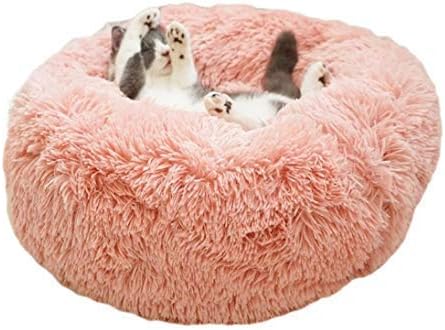 ALLNEO Detachable Original Calming Donut Cat and Dog Bed 20'' Luxury Shag Long Fur Cuddler Machine Washable&Self Warming Indoor Round Pet Pillow Bed for Small Pets (S, Pink)