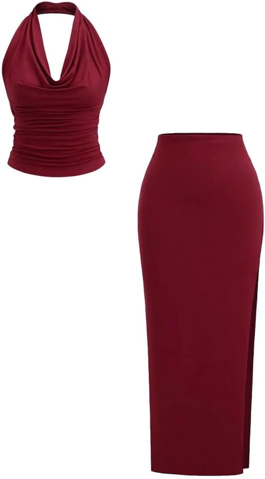 Women's Fashionable Elegant Two Piece Set Hanging Neck Solid Top And Half Skirt Matching Outfit