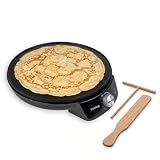 Huslog Crepiera Elettrica 1200W, Ø29 cm, Temperatura Regolabile, Piastra Antiaderente con Bordo Rialzato, con Spargitore e Spatola in Legno, per Crêpes, Pancake, Tortilla, Tacos, Nero