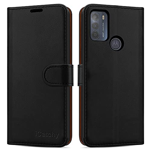iCatchy For Motorola Moto G50 Case Leather Wallet Book Flip Folio Stand View Cover compatible for Motorola Moto G50 Phone (Black)