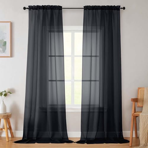 WelvetBLK Black Sheer Curtains for Bedroom Living Room 96 Inches Long 2 Panels, Modern Airy Soft Lightweight Rod Pocket Light Filtering Sheer Curtains Drapes, Black, Each 42" Wx96 L Inch