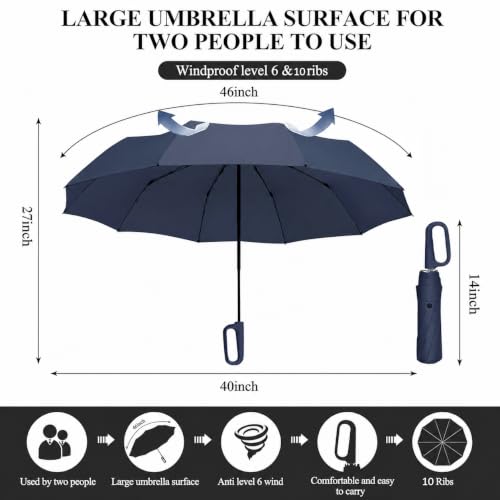 Image of FLYNGO Umbrella for Rain Big Size with Carabiner Handle, UV Coated 3-Fold Travel Umbrella for Sun Protection, Windproof Reinforced 10 Dual Ribs, Automatic Open /Close