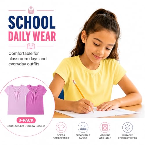 Image of Bienzoe Plain Solid Girls T-Shirts: School Basic Tee 3-Pack | Short Sleeve, Ages 4-13, PE, Recess, Outdoor Play, Soft Cotton Blend, Breathable Quick-Dry, Easy Care, Easy to Mix and Match
