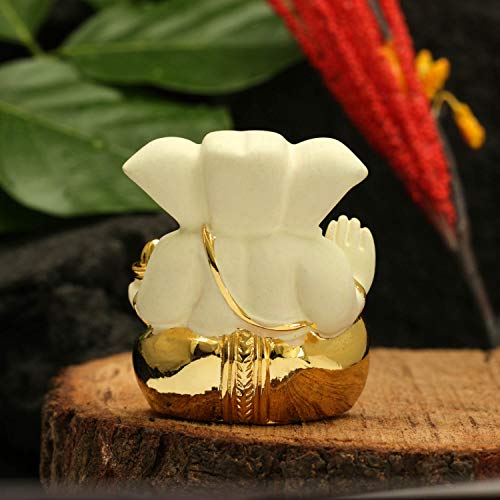 Craftvatika Gold Plated Off White Terracotta Appu Ganesha For Car Dashboard Statue God Ganesh Murti Ganpati Idol Figurinehome Decor (Size: 6 Cm X 4 Cm) #TOP2