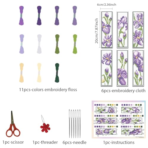 Image of FREEBLOSS 6 Set Iris Cross Stitch Bookmark Kits Hand Embroidery Kit for Beginners Counted Cross Stitch Kit DIY Bookmark Kit Full Cross Stitch Embroidery Kit for Women Hobby 22 * 8cm