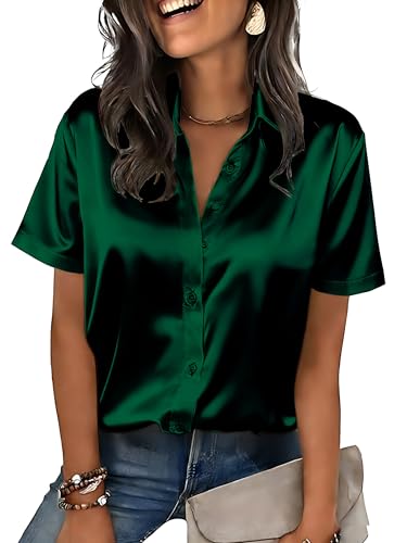 Mawor Satin Button Down Shirts for Women Silk Short Sleeve Blouses Summer Dress Shirt Business Casual Tops Work Up Outfits Dark Green XXL