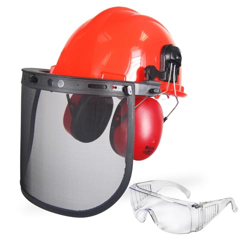 OZAKI - Casque Forestier Professionnel pour Tronçonnage & Débroussaillage - avec Protection Anti Bruit 25dB, Visière Grillagée Classe F 45m/s et Lunettes