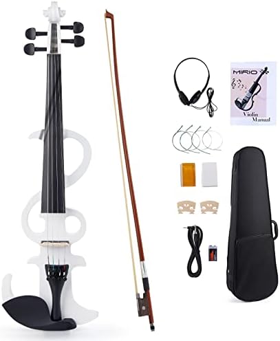 Electric Violin, MIRIO White Full Size 4/4 Solid Wood Metallic Electric/Silent Violins Kit with Ebony Fittings