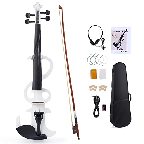 Electric Violin, Mirio White Full Size 4/4 Solid Wood Metallic Electric/Silent Violins Kit With Ebony Fittings #TOP4