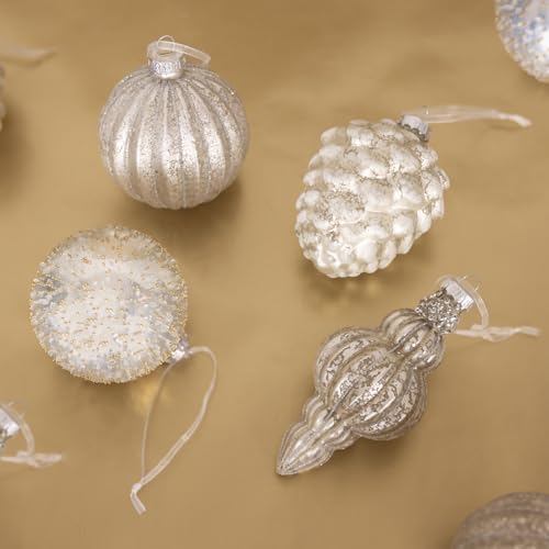 Image of CHARLES BENTLEY 12 Piece Champagne Gold Bauble Collection, Glass Christmas Baubles, Round, Pinecone & Ice Drop Shapes, Elegant Tree Decorations, Delicate Glass, Festive, Textured, Luxury Finish