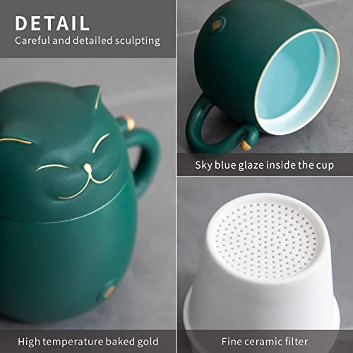 Heer Ceramic Tea Cup With Infuser And Lid, Cute Lucky Cat Coffee Mug Gift For Cat Lovers, Chinese Loose Leaf Tea Steeper. (Green) #TOP4