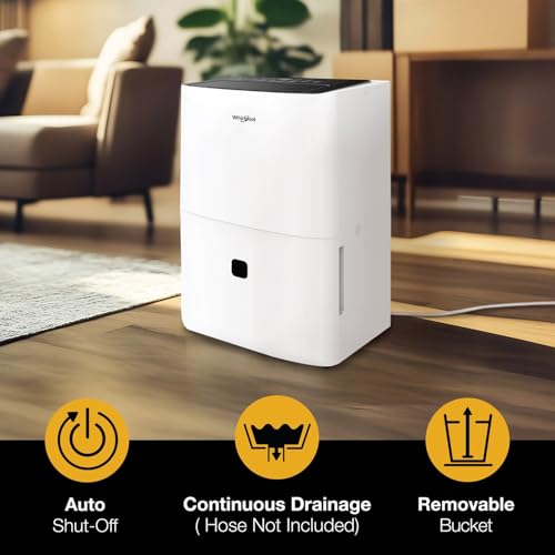 Whirlpool 50 Pint Energy Star Certified Dehumidifier with Pump in White, Compact Quiet Efficient Humidity & Moisture Absorber for Home, Bathroom, Bedroom, Living Room, Garage, Attic, Whole Home