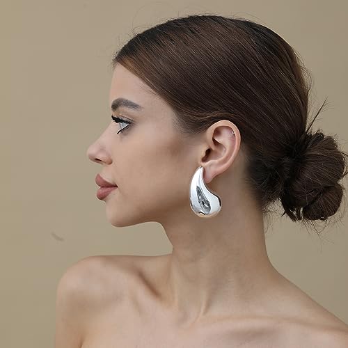 Image of Apsvo Chunky 14K Gold Plated Hoop Earrings for Women, Lightweight Waterdrop Hollow Open Hoops, Hypoallergenic Dupes Earrings
