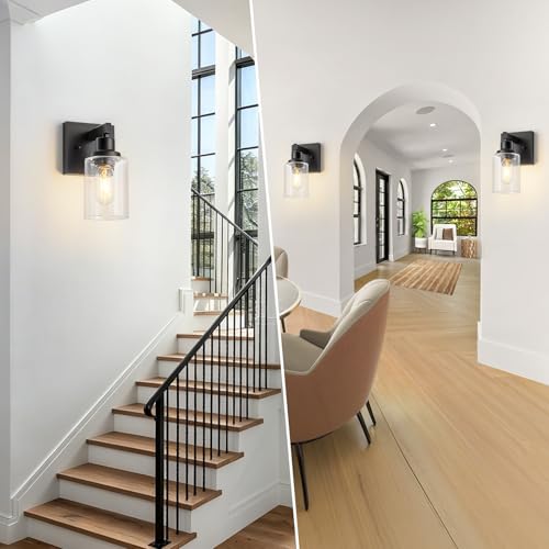 Image of Set of 2 Wall Sconces for Bathroom, Black Bathroom Vanity Light,Modern Wall Sconces Indoor with Clear Glass,Farmhouse Wall Lamp for Bedroom Living Room Mirror Hallway