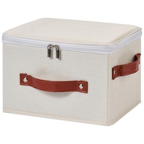 Image of Storage Bin Box with Zippered Lid Cotton Linen Fabric Decorative Basket with PU Leather Handles PP Plastic Board Foldable Lidded Clothing Shelf Closet Organizer Container (Beige, Small)