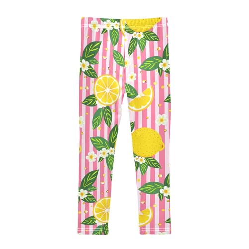 Lemon Flower Pink Stripe Girls Leggings Soft Stretch Workout Yoga Dance Pants for Kids Casual Tights2