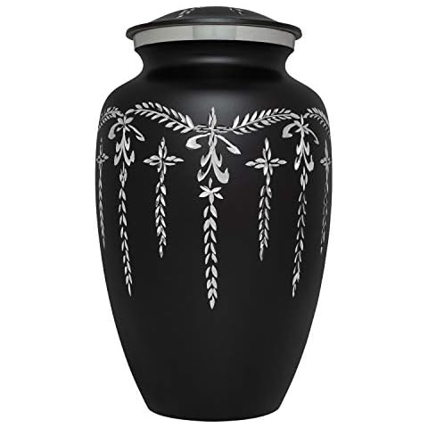 Ansons Urns Black Cremation Urn - Colorful Funeral Urn in Several Colors - Large Burial Urn Human Ashes Adult Size 220 lbs - Aluminum with Shiny Silver Engraved Design Cover