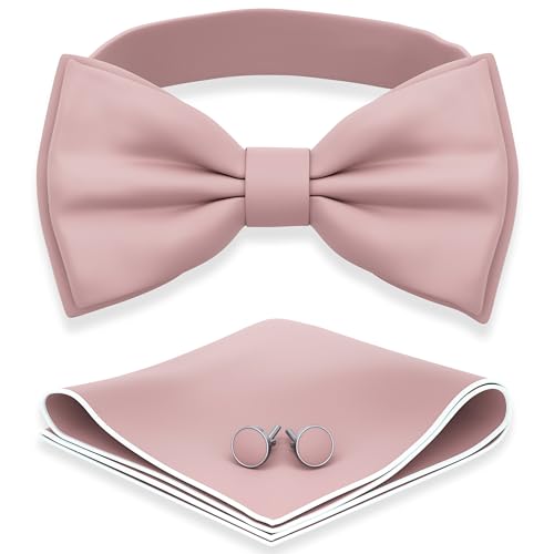 Image of Adam Young Men's Bow Ties with Handkerchief & Cufflinks Pre-Tied Style Formal Satin Classic Bowtie for Tuxedo Faux Silk