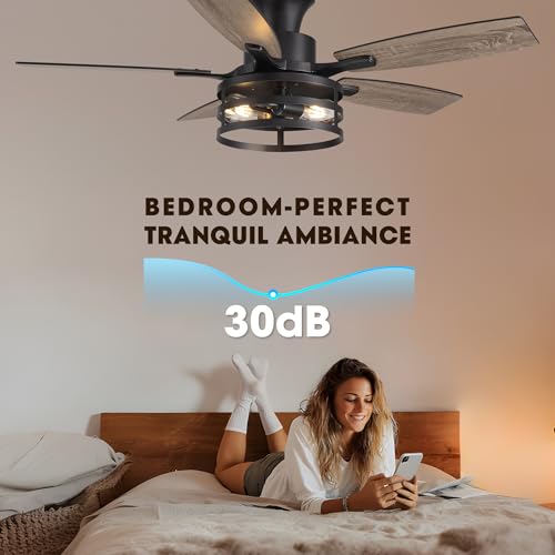 Image of 42 Inch Flush Mount Ceiling Fans with Lights and Remote Control, Farmhouse Ceiling Fan with LED Lighting for Bedroom Living Room and Patio, Black Caged Ceiling Fan for Indoor and Outdoor(NO Bulbs)