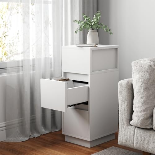 BPMIO Mesita de Noche, Mesitas de Noche Modernas, Mesa Auxiliar y Mesa de Sofá con 2 Cajones y Compartimento Abierto, Mesillas de Noche Dormitorio, 30 x 25 x 65 cm, Blanco (LED no Incluido)