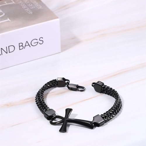 Ankh Cross Bracelet for Men: Stainless Steel Punk Hip Hop Double Layered Braided Franco Chain Bracelet Egyptian Ankh Amulet Jewelry Gifts For Halloween Christmas Birthday2