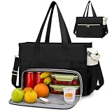 Lunchtasche für Damen, 15.6 Zoll Laptoptasche mit isoliertem Lunchfach, 2-in-1 Groß Lunchtasche Handtasche, Aktentasche Wasserdicht, geräumige Computertasche für Business, Büro, Schule (Schwarz)