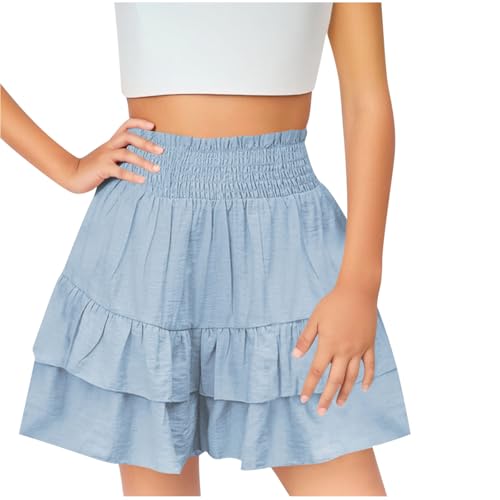 Girls Flowy Shorts with Skirt High Waisted Smocked Butterfly Shorts Kids Ruffle Athletic Skorts for Tennis Dance Blue