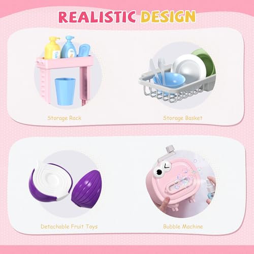 Play Sink with Running Water,Kitchen Play Sink Toys for Boys,Upgraded Real Faucet and Play Dishes,Pretend Role Play Toys for Girls Boys,Birthday Gifts for Kids 3-5,Practice Cleaning,Pink - Image 6