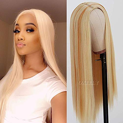 Coolgirl Long Straight Synthetic Hair Wigs for Women 613 Hair Color 180% Deep Middle Part Wigs Highlights Soft Hair Silk Top Blonde Wigs