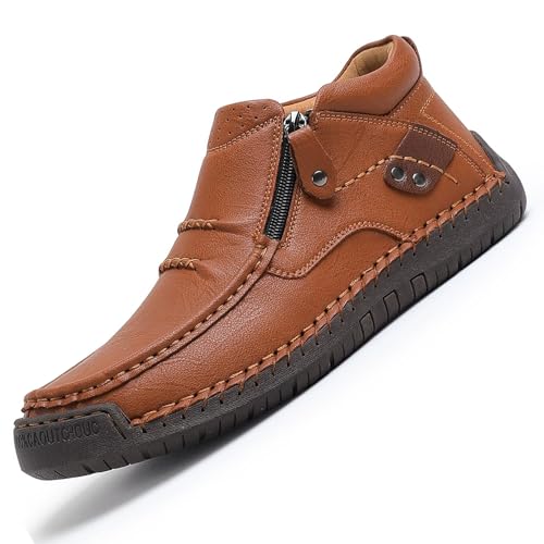 Men's Slip on Orthopedic Leather Boots, Fall Outdoor Fashion Comfortable Handmade Driving Hiking Shoes with Side Zipper (9,Light Brown)
