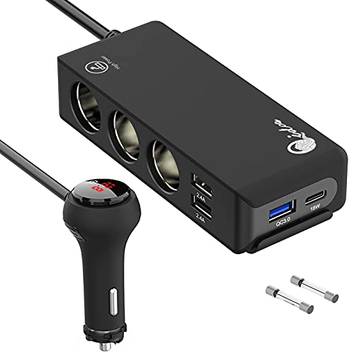 Adaptateur Allume-Cigare Haute Puissance 200W, Adaptateur de Voiture CC à 3 Prises Qidoe 12V/24V avec Port USB QC3.0 et Prise USB C 18W, Chargeur de Voiture Multifonction à Interrupteur Voltmètre LED Cover