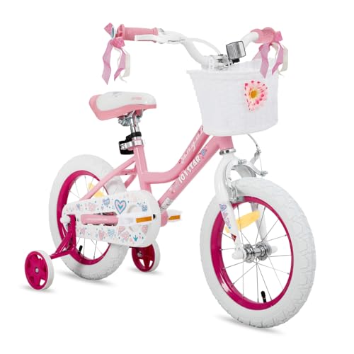 JOYSTAR Fairy - Bicicleta infantil de 14 pulgadas para niñas de 3 a 5 años, 14 pulgadas con estabilizador y cesta, color rosa claro