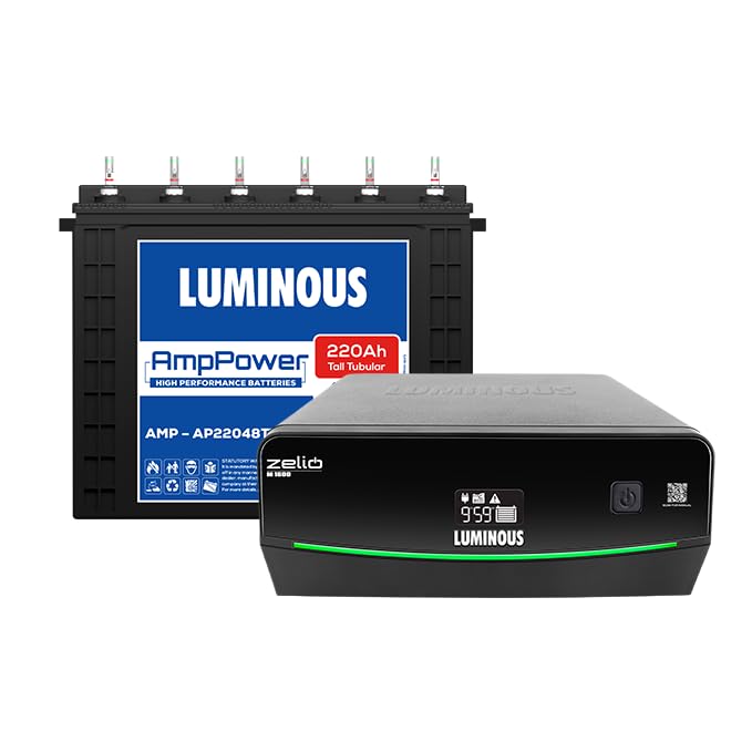 Image of Luminous Inverter & Battery Combo for Home, Shop & Office - Zelio M 1600 (1400VA /12V) Sine Wave Inverter + AmpPower AP22048TT 220 Ah Tall Tubular Battery| Warranty: 36M (Inverter)+48M (Battery) | 1400VA /12V Sine Wave Inverter, 220 Ah Tall Tubular Battery, For Home, Shop & Office, Warranty: 36M Inverter + 48M Battery