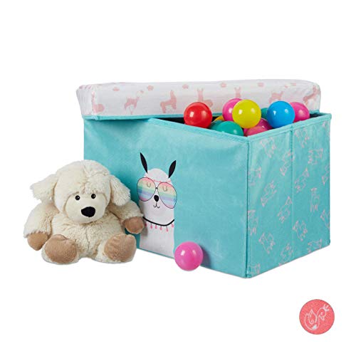 Relaxdays Baúl Juguetes Llama, Plegable con Tapa, Puff Almacenaje Infantil 33 l, 31x48,5x31 cm, Poliéster-DM, Turquesa, 31x48.5x31 cm