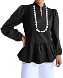 Cicy Bell Womens Puff Long Sleeve Peplum Blouses Babydoll V Neck Ruffle Tops Cute Cotton Loose Fit Shirts Black