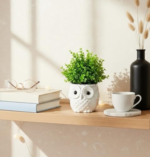 Image of Modern Owl Ceramic Flower Pot with Artificial Greenery | Tabletop Decorative Planter for Home Decor, Office Desk, Bookshelf & Coffee Table