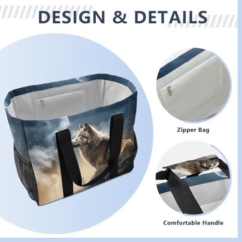 YETTASBIN Wolf Large Foldable Travel Tote Bag, Lightweight Waterproof Swim Pool Bag with Handles & Pocket for Beach Outdoor, Reusable Grocery Bag for Kitchen, Shopping4
