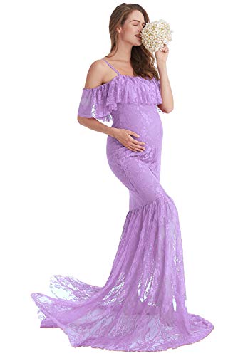 Hihcbf Women Lace Maternity Mermaid Gown Off Shoulder Ruffle Spaghetti Straps Fitted Photo Shoot Wedding Baby Shower Dress Lavender L #TOP1